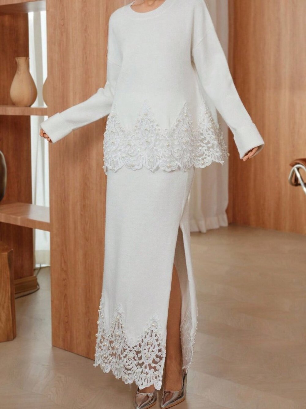 White Casual Women's LAce detailed Sweater top & Maxi Skirt Coord set